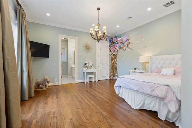4800 Bocage Pl, Oklahoma City, OK 73142 - bedroom with a chandelier, wood finished floors, recessed lighting, ornamental molding, and connected bathroom