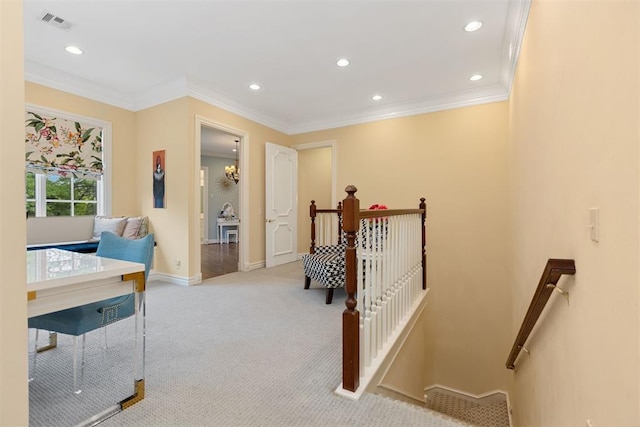 4800 Bocage Pl, Oklahoma City, OK 73142 - corridor with an upstairs landing, carpet floors, recessed lighting, and crown molding