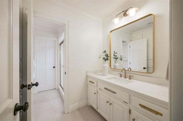 305 Carmel Valley Way, Edmond, OK 73025 - bathroom with vanity and crown molding