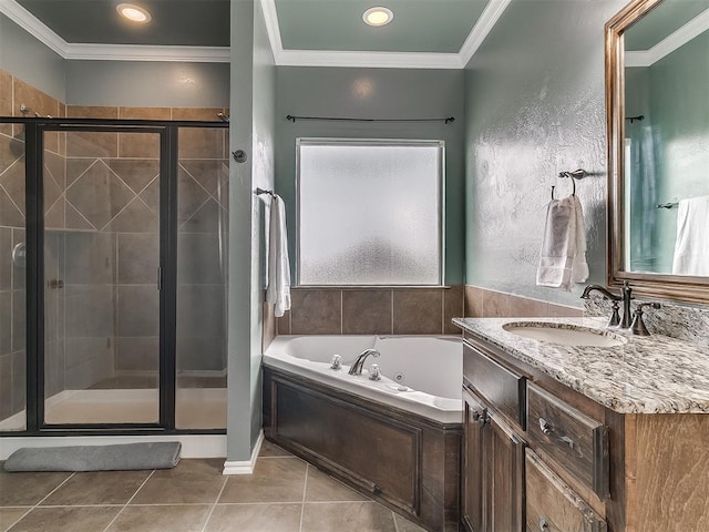 7821 Lindsay Ln, Edmond, OK 73025 - bathroom featuring a tub with jets, a shower stall, crown molding, vanity, and plenty of natural light
