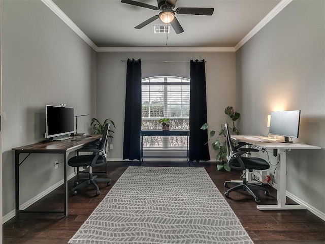 7821 Lindsay Ln, Edmond, OK 73025 - office space featuring wood finished floors, a ceiling fan, and ornamental molding