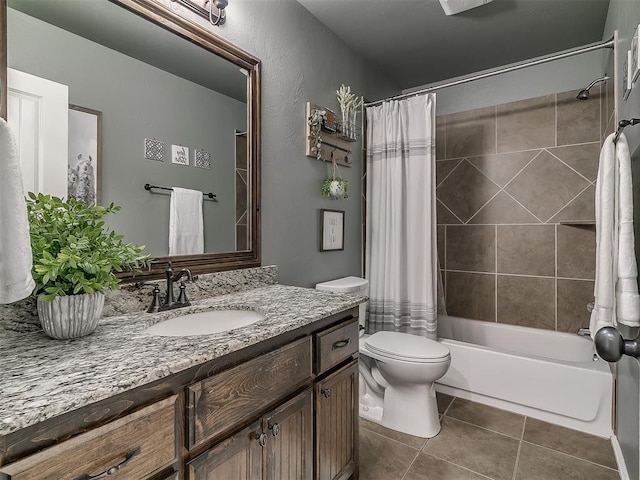7821 Lindsay Ln, Edmond, OK 73025 - full bath featuring vanity, shower / bathtub combination with curtain, and tile patterned flooring