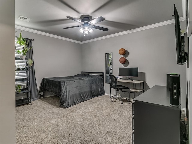 7821 Lindsay Ln, Edmond, OK 73025 - bedroom featuring multiple windows, ornamental molding, carpet flooring, a desk, and ceiling fan