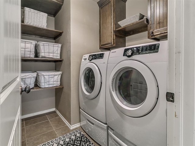 7821 Lindsay Ln, Edmond, OK 73025 - laundry room featuring cabinet space, separate washer and dryer, and dark tile patterned floors