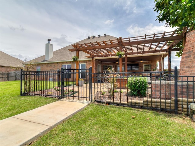 7821 Lindsay Ln, Edmond, OK 73025 - rear view of property with brick siding, a pergola, and a gate