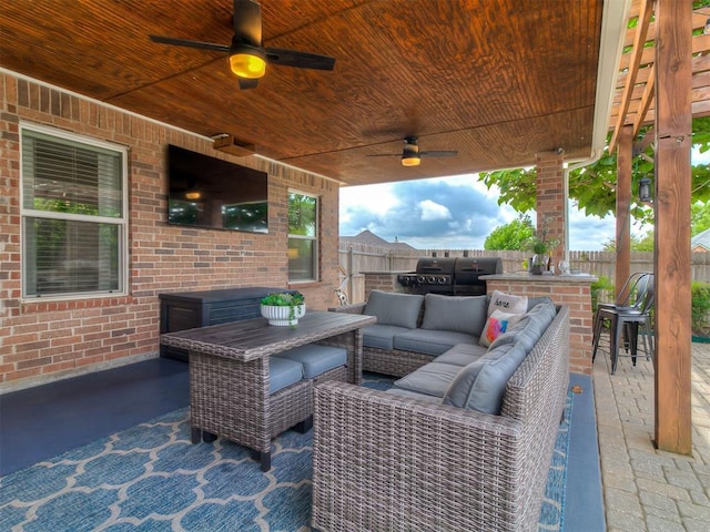7821 Lindsay Ln, Edmond, OK 73025 - view of patio / terrace featuring exterior kitchen, outdoor lounge area, and ceiling fan