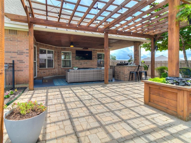 7821 Lindsay Ln, Edmond, OK 73025 - view of patio / terrace featuring a pergola and an outdoor hangout area