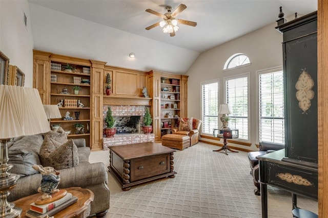 10116 Thompson Ave, Yukon, OK 73099 - living room with a ceiling fan, lofted ceiling, a brick fireplace, and light colored carpet