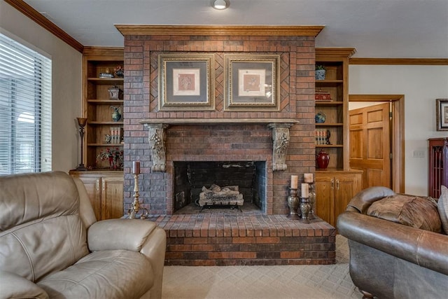 10116 Thompson Ave, Yukon, OK 73099 - carpeted living area with ornamental molding, a fireplace, and built in features