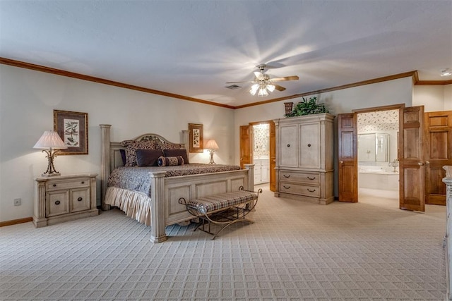 10116 Thompson Ave, Yukon, OK 73099 - bedroom featuring light colored carpet, crown molding, connected bathroom, and a ceiling fan