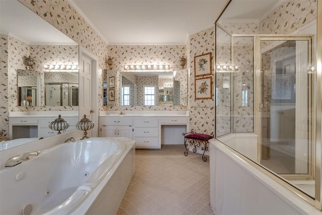 10116 Thompson Ave, Yukon, OK 73099 - bathroom with wallpapered walls, crown molding, a whirlpool tub, a stall shower, and vanity