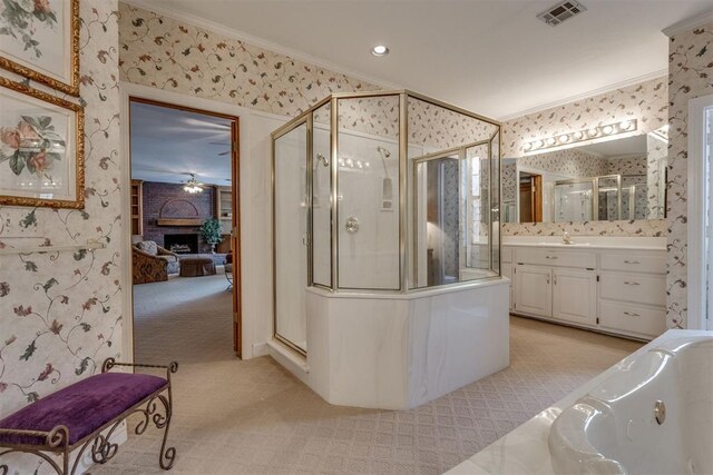 10116 Thompson Ave, Yukon, OK 73099 - full bath featuring wallpapered walls, ensuite bath, ornamental molding, a shower stall, and vanity