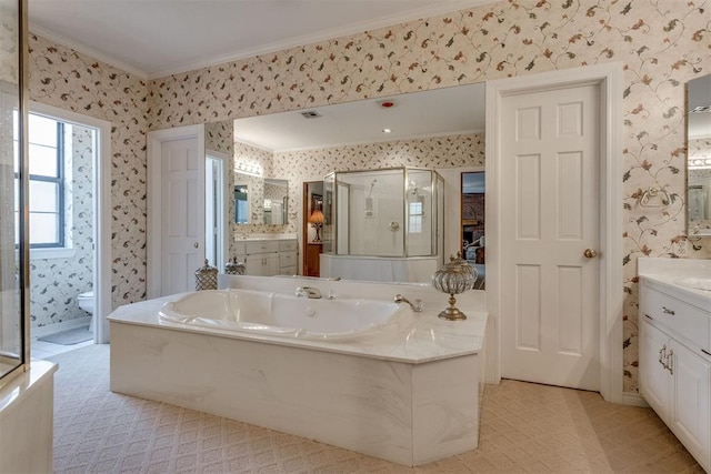10116 Thompson Ave, Yukon, OK 73099 - full bathroom featuring wallpapered walls, ornamental molding, vanity, a bath, and a shower stall