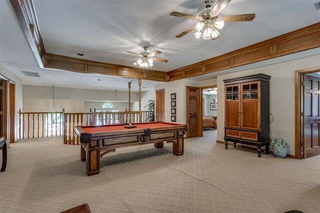 10116 Thompson Ave, Yukon, OK 73099 - game room featuring light carpet, a ceiling fan, and billiards