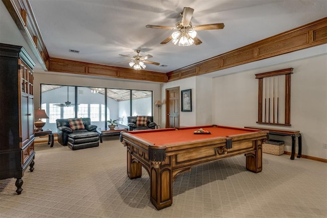 10116 Thompson Ave, Yukon, OK 73099 - playroom featuring light colored carpet, a ceiling fan, and billiards table