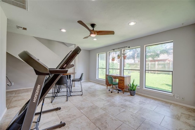 6348 Hyde Park Dr, Oklahoma City, OK 73162 - exercise area with a ceiling fan and recessed lighting