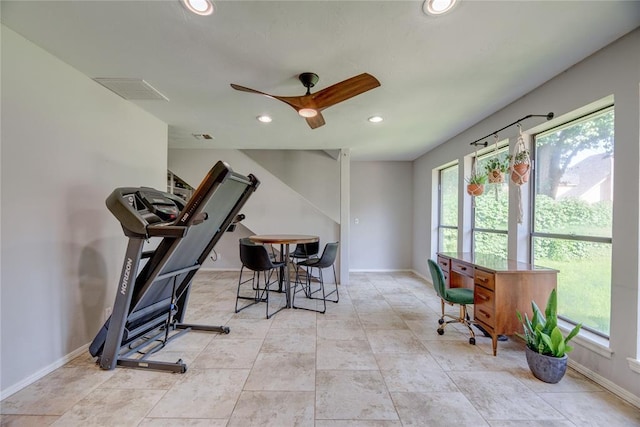 6348 Hyde Park Dr, Oklahoma City, OK 73162 - exercise room featuring a ceiling fan and recessed lighting