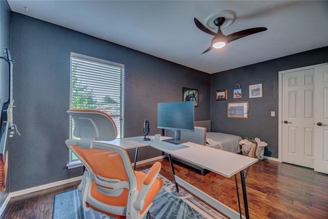 6348 Hyde Park Dr, Oklahoma City, OK 73162 - home office featuring a ceiling fan, wood finished floors, and a textured wall
