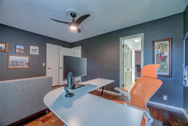 6348 Hyde Park Dr, Oklahoma City, OK 73162 - office area featuring ceiling fan, wood finished floors, and a textured wall