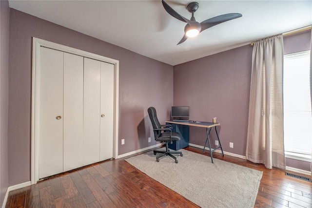 6348 Hyde Park Dr, Oklahoma City, OK 73162 - office area featuring hardwood / wood-style floors and ceiling fan