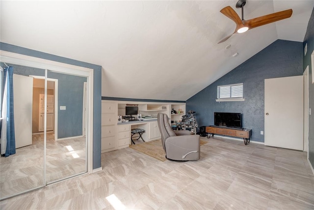 6348 Hyde Park Dr, Oklahoma City, OK 73162 - living room featuring lofted ceiling, a ceiling fan, and an office area