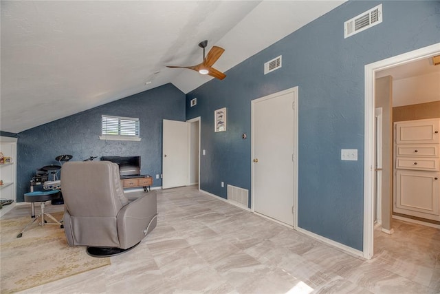 6348 Hyde Park Dr, Oklahoma City, OK 73162 - home office with lofted ceiling, ceiling fan, and a textured wall