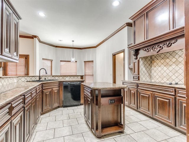 17104 Wales Green Ave, Edmond, OK 73012 - kitchen with black dishwasher, backsplash, light tile patterned floors, crown molding, and light stone counters