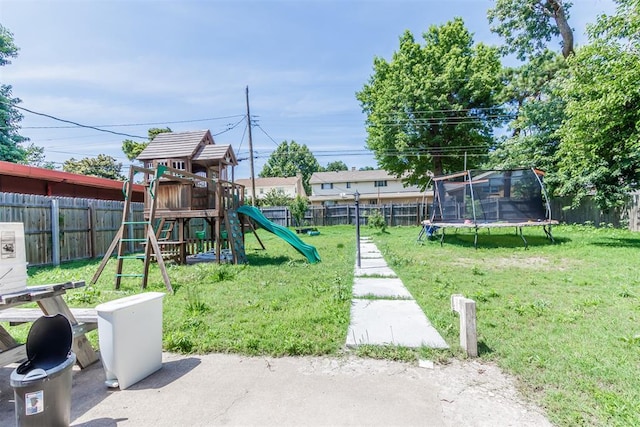 5717 NW 31st Ter, Oklahoma City, OK 73122 - view of playground featuring a trampoline and a fenced backyard