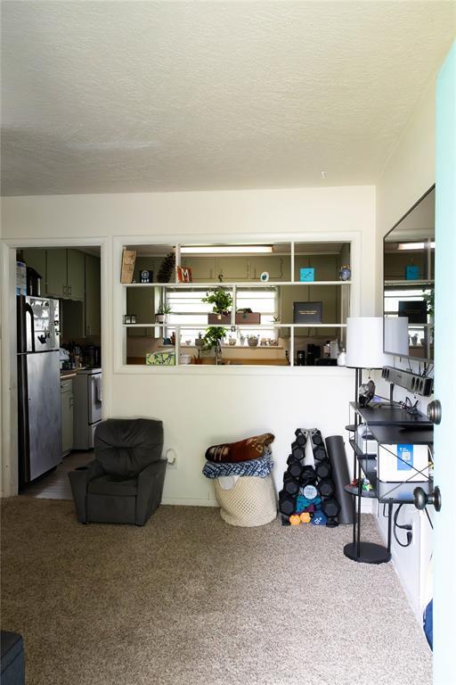 1702 W Boyd St, Norman, OK 73069 - living room with carpet flooring and a textured ceiling