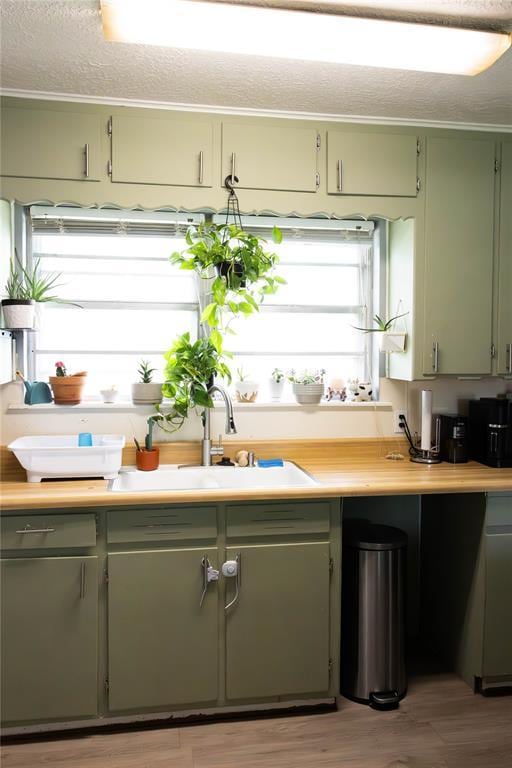 1702 W Boyd St, Norman, OK 73069 - kitchen featuring light countertops, light wood-style floors, and green cabinetry