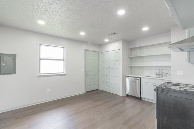 4720 S Youngs Blvd, Oklahoma City, OK 73119 - kitchen featuring stainless steel dishwasher, electric panel, black electric range, open shelves, and light wood-style flooring