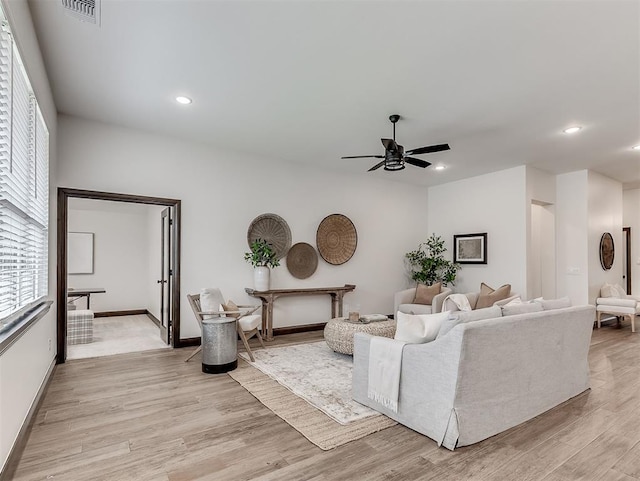 2436 NW 179th St, Edmond, OK 73012 - living area featuring a ceiling fan, light wood-type flooring, plenty of natural light, and recessed lighting