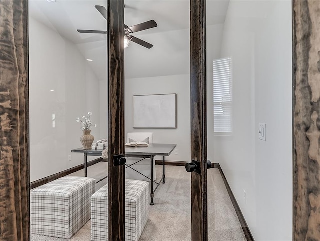 2436 NW 179th St, Edmond, OK 73012 - office featuring ceiling fan, light colored carpet, and lofted ceiling