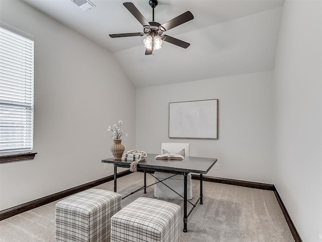 2436 NW 179th St, Edmond, OK 73012 - home office featuring carpet, lofted ceiling, and a ceiling fan