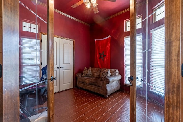 716 SW 157th St, Oklahoma City, OK 73170 - entryway featuring french doors, ceiling fan, ornamental molding, and healthy amount of natural light