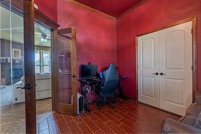 716 SW 157th St, Oklahoma City, OK 73170 - office with french doors, crown molding, ceiling fan, and wood finished floors