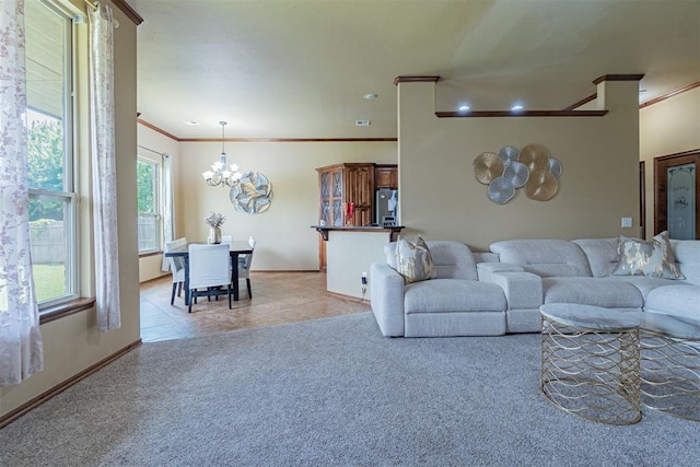 716 SW 157th St, Oklahoma City, OK 73170 - living room with ornamental molding, a chandelier, light colored carpet, recessed lighting, and light tile patterned flooring