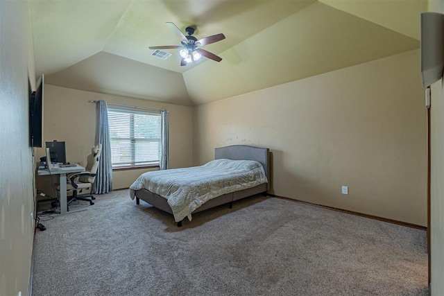 716 SW 157th St, Oklahoma City, OK 73170 - bedroom with carpet floors, a desk, lofted ceiling, and a ceiling fan
