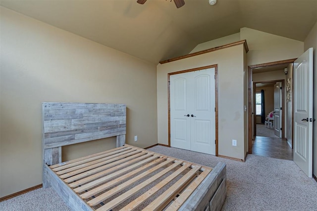 716 SW 157th St, Oklahoma City, OK 73170 - unfurnished bedroom with carpet floors, lofted ceiling, and a ceiling fan