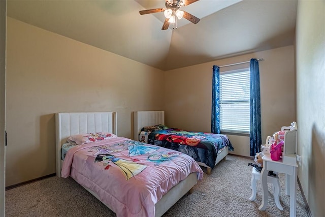 716 SW 157th St, Oklahoma City, OK 73170 - carpeted bedroom featuring a ceiling fan and vaulted ceiling