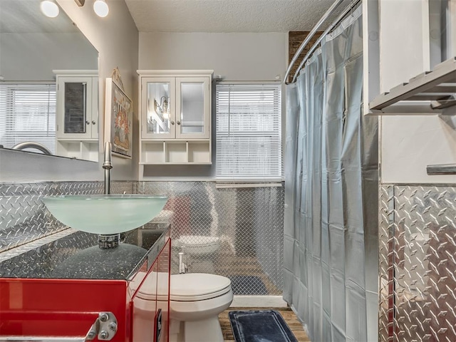 1209 Dakota St, Norman, OK 73069 - bathroom with vanity, a shower with curtain, healthy amount of natural light, and a textured ceiling