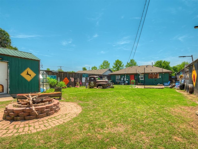 1209 Dakota St, Norman, OK 73069 - fenced backyard featuring an outdoor fire pit and an outdoor structure