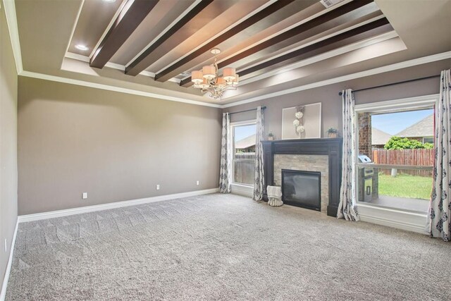 8401 NW 140th St, Oklahoma City, OK 73142 - unfurnished living room with carpet, a chandelier, crown molding, and a fireplace