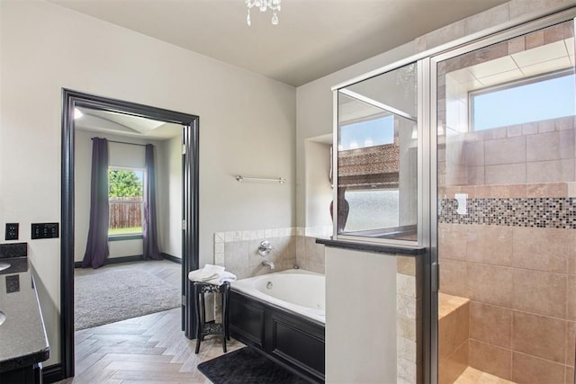 8401 NW 140th St, Oklahoma City, OK 73142 - bathroom with a bath, a stall shower, and vanity
