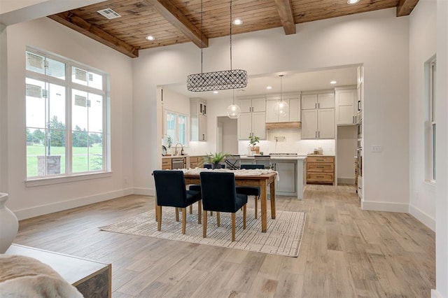1801 Cedar Valley Mnr, Guthrie, OK 73044 - dining area featuring a wooden ceiling with exposed beams, light wood-style floors, and recessed lighting
