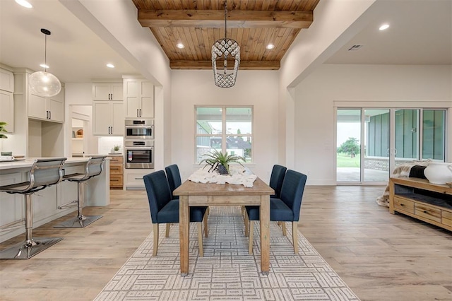 1801 Cedar Valley Mnr, Guthrie, OK 73044 - dining room with a wooden ceiling with exposed beams, light wood-type flooring, and recessed lighting