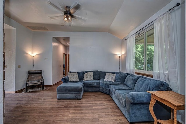 912 S Boynton Ave, El Reno, OK 73036 - living room featuring ceiling fan, vaulted ceiling, and wood finished floors