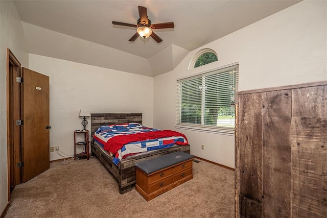 912 S Boynton Ave, El Reno, OK 73036 - bedroom featuring carpet floors, lofted ceiling, and a ceiling fan