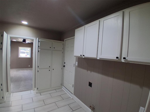 814 E Midland St, Shawnee, OK 74804 - laundry room featuring electric dryer hookup, a ceiling fan, cabinet space, recessed lighting, and light tile patterned floors