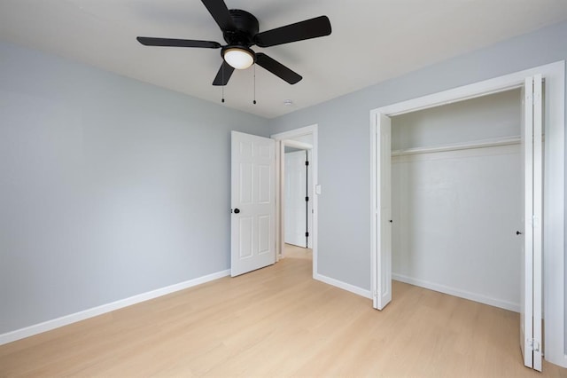 239 SE 48th St, Oklahoma City, OK 73129 - unfurnished bedroom featuring light wood-type flooring, a closet, and a ceiling fan
